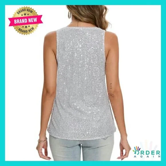 Sequin Tank Top Glitter Party Shirt V-Neck Loose Fit Shimmer Blouse Chic - Picture 3 of 8